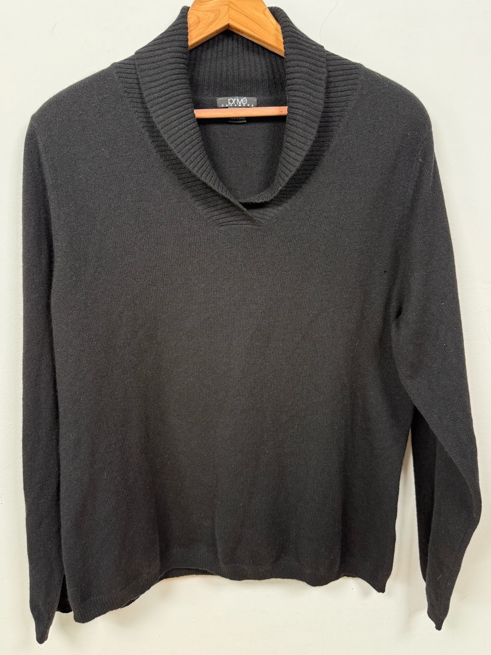 Privé 100% Cashmere Black Shawl Cowl Neck Pullover Sweater XL Flawed